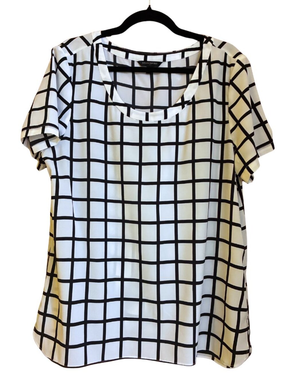 Banana Republic XL Windowpane Blouse Black White Parisian Mod Office Minimalist